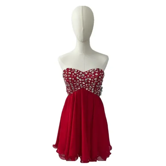 B Smart Red Strapless Babydoll Mini Dress Size 7 NWT Prom Homecoming Sparkle - Picture 3 of 12